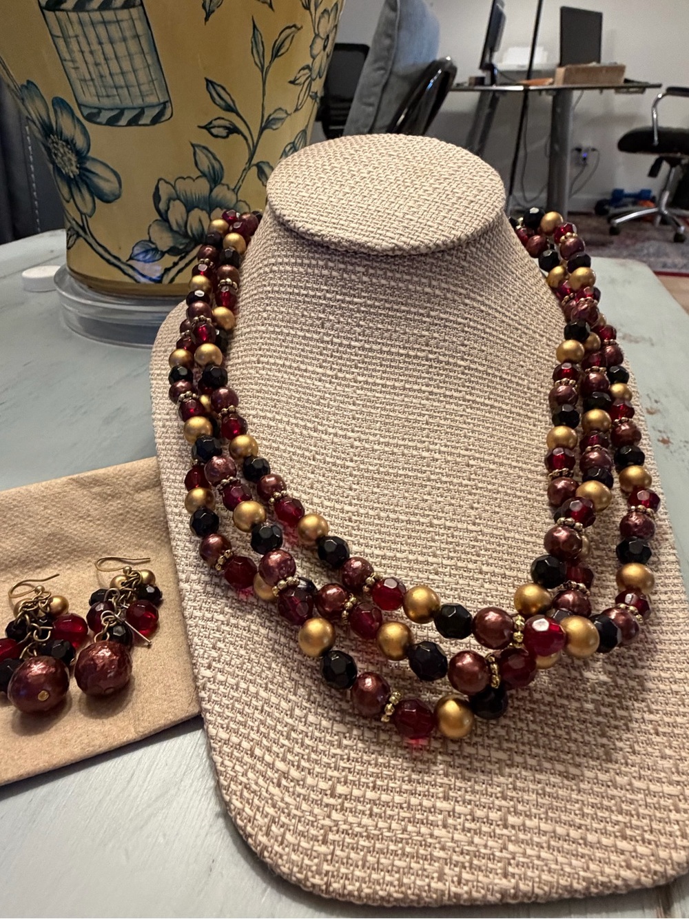 Multi-Strand Red and Gold Beaded Necklace with Matching Earrings